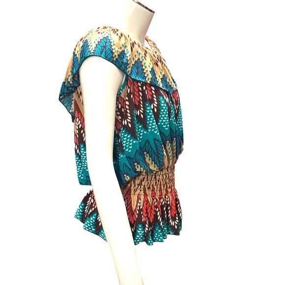 ACE Fashion Boho Peasant Blouse Festival Top Colorful Smocked Waist Ruffle Hem - Picture 6 of 11